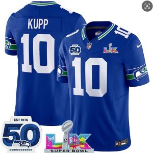 Seattle Seahawks#10 Cooper Kupp Royal 2025 F.U.S.E. Super Bowl LX Patch And 50th Season Patch Vapor Throwback Limited Stitched Jersey
