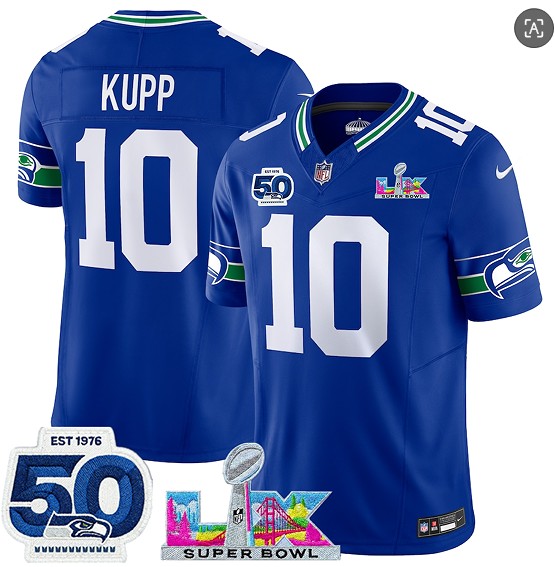 Seattle Seahawks#10 Cooper Kupp Royal 2025 F.U.S.E. Super Bowl LX Patch And 50th Season Patch Vapor Throwback Limited Stitched Jersey