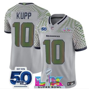 Seattle Seahawks #10 Cooper Kupp Grey 2025 F.U.S.E. Super Bowl LX Patch And 50th Season Patch ¡°Rivalries¡± Vapor Limited Stitched Jersey