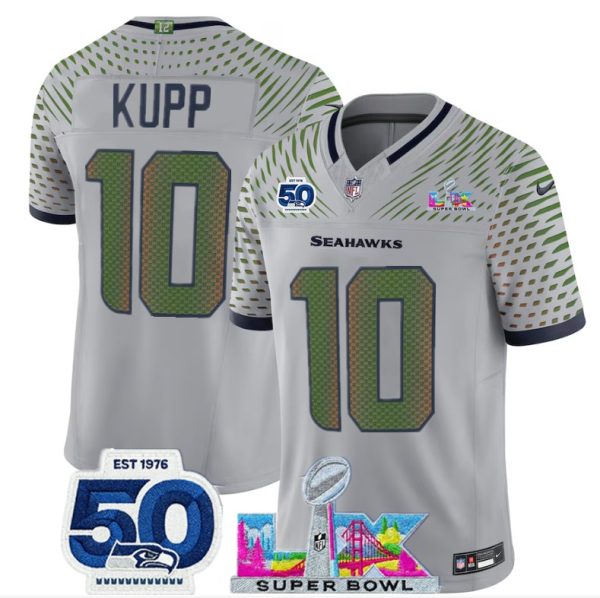 Seattle Seahawks #10 Cooper Kupp Grey 2025 F.U.S.E. Super Bowl LX Patch And 50th Season Patch ¡°Rivalries¡± Vapor Limited Stitched Jersey