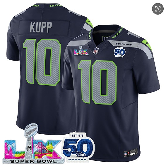 Seattle Seahawks #10 Cooper Kupp Navy 2025 F.U.S.E. Super Bowl LX Patch And 50th Season Patch Vapor Limited Stitched Jersey