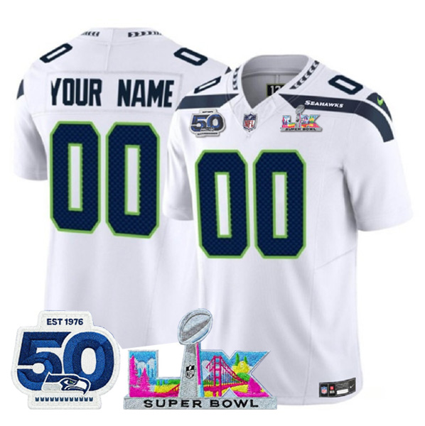 Seattle Seahawks Custom White 2025 F.U.S.E. Super Bowl LX Patch And 50th Season Patch Vapor Limited Stitched Jersey