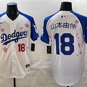 Los Angeles Dodgers #18 ɽ±¾ÓÉÉì White Royal 2025 World Series Champions Patch Tokyo Series Limited Stitched Jersey
