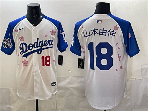 Los Angeles Dodgers #18 ɽ±¾ÓÉÉì White Royal 2025 World Series Champions Patch Tokyo Series Limited Stitched Jersey