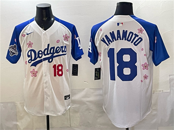Los Angeles Dodgers #18 Yoshinobu Yamamoto White Royal 2025 World Series Champions Patch Tokyo Series Limited Stitched Jersey