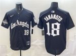 Los Angeles Dodgers #18 Yoshinobu Yamamoto Black LA Gothic Style With 2025 World Series Champions Patch Limited Stitched Jersey