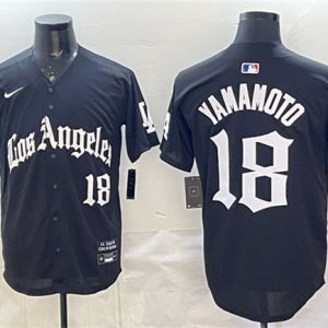 Los Angeles Dodgers #18 Yoshinobu Yamamoto Black LA Gothic Style With 2025 World Series Champions Patch Limited Stitched Jersey