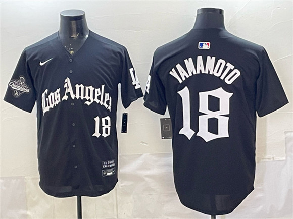 Los Angeles Dodgers #18 Yoshinobu Yamamoto Black LA Gothic Style With 2025 World Series Champions Patch Limited Stitched Jersey