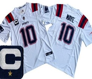 New England Patriots #10 Drake Maye Limited White Captain Patch FUSE Vapor Jersey