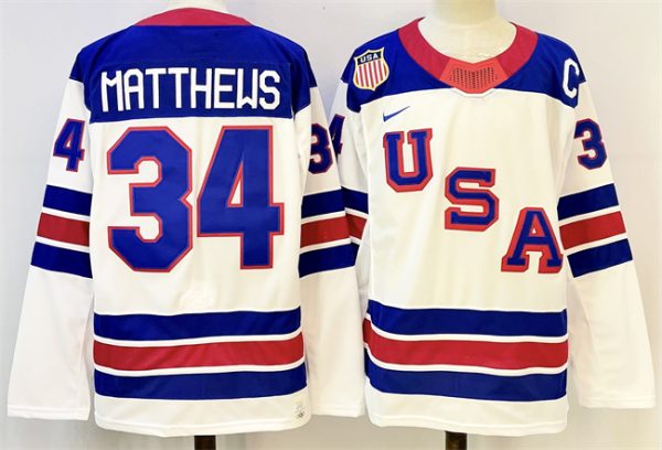 USA #34 Auston Matthews White 2025-2026 With C Patch Stitched Jersey