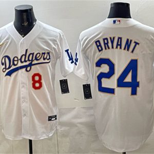 Los Angeles Dodgers Front #8 Back #24 Kobe Bryant White Gold With 2025 World Series Champions Patch Stitched Jersey