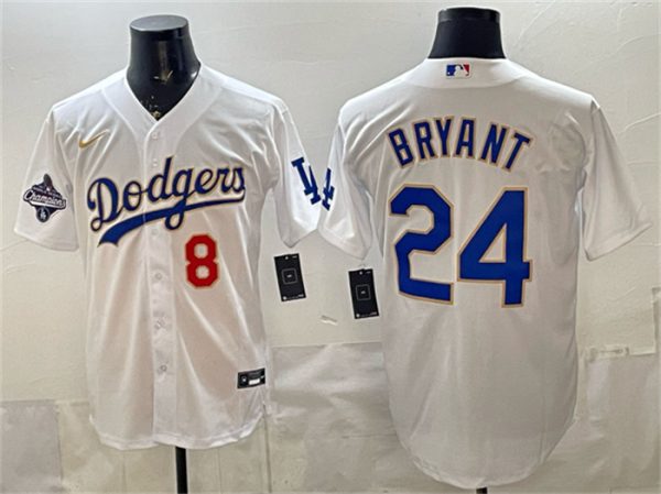 Los Angeles Dodgers Front #8 Back #24 Kobe Bryant White Gold With 2025 World Series Champions Patch Stitched Jersey