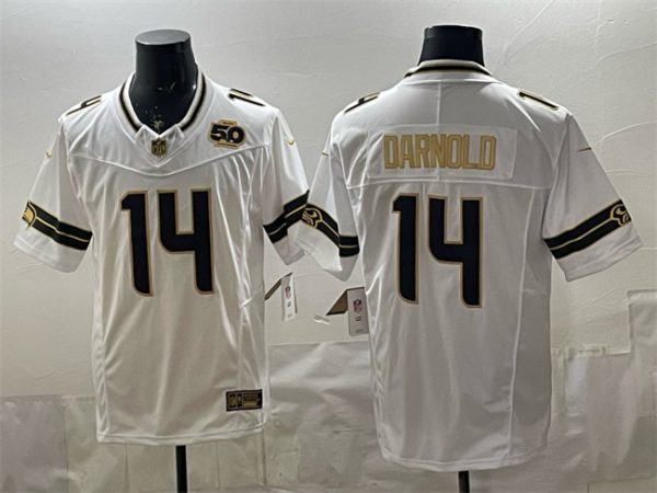 Seattle Seahawks #14 Sam Darnold White Gold 2025 F.U.S.E. 50th Season Patch Vapor Limited Stitched Jersey