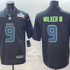 Seattle Seahawks #9 Kenneth Walker III Black 2025 Super Bowl LX Patch Carbon Fashion Vapor Untouchable Limited Stitched Jersey