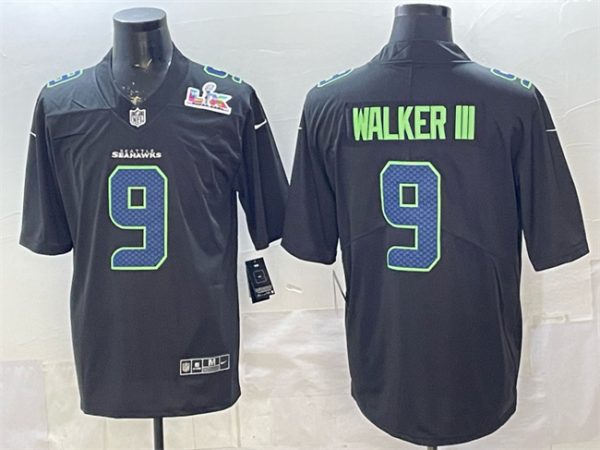 Seattle Seahawks #9 Kenneth Walker III Black 2025 Super Bowl LX Patch Carbon Fashion Vapor Untouchable Limited Stitched Jersey