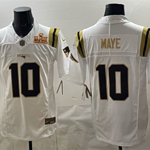 New England Patriots #10 Drake Maye White Gold 2025 F.U.S.E. Super Bowl LX Patch Vapor Limited Stitched Jersey