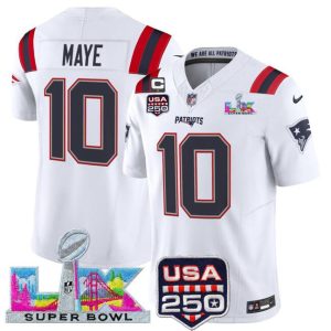 New England Patriots #10 Drake Maye White 2025 F.U.S.E. Super Bowl LX Patch USA 250' Patch Vapor Limited Stitched Jersey