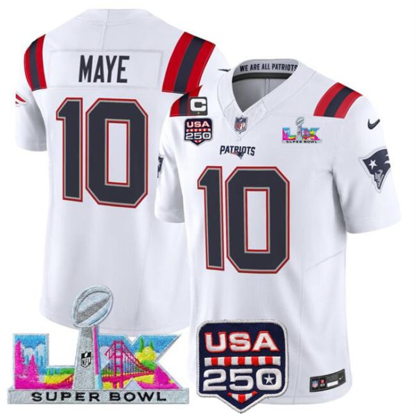 New England Patriots #10 Drake Maye White 2025 F.U.S.E. Super Bowl LX Patch USA 250' Patch Vapor Limited Stitched Jersey