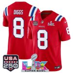 New England Patriots #8 Stefon Diggs Red 2025 F.U.S.E. Super Bowl LX Patch And USA 250' Patch Vapor Limited Stitched Jersey