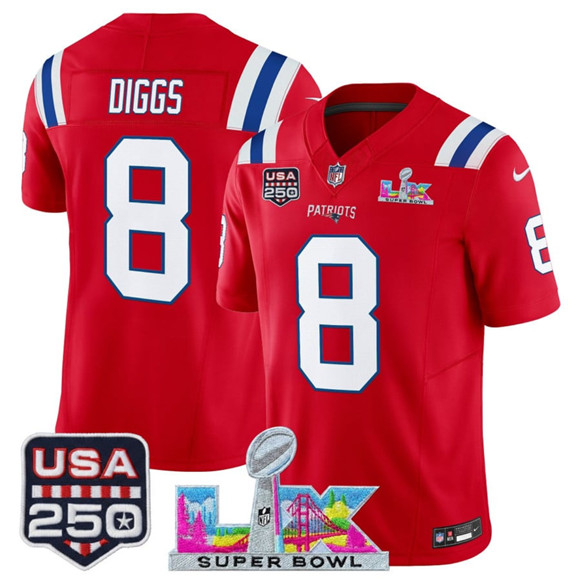 New England Patriots #8 Stefon Diggs Red 2025 F.U.S.E. Super Bowl LX Patch And USA 250' Patch Vapor Limited Stitched Jersey