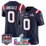 New England Patriots #0 Christian Gonzalez Navy 2025 F.U.S.E. Super Bowl LX Patch And USA 250' Patch Vapor Limited Stitched Jersey