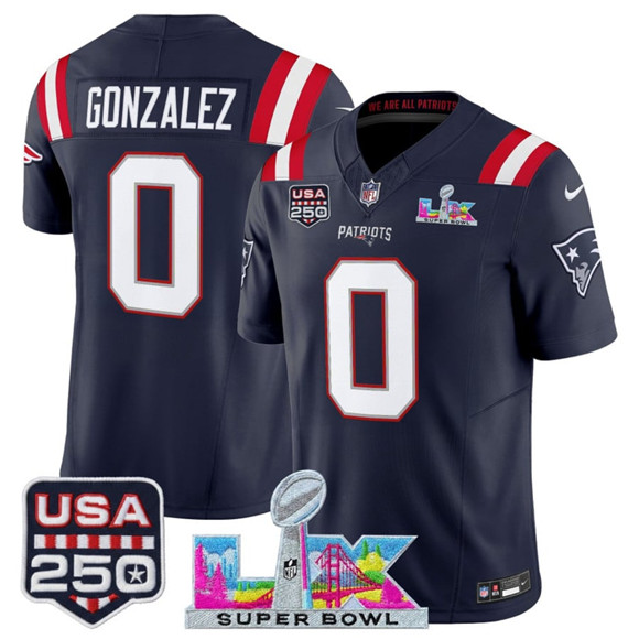 New England Patriots #0 Christian Gonzalez Navy 2025 F.U.S.E. Super Bowl LX Patch And USA 250' Patch Vapor Limited Stitched Jersey
