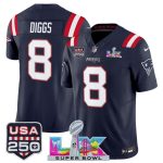New England Patriots #8 Stefon Diggs Navy 2025 F.U.S.E. Super Bowl LX Patch And USA 250' Patch Vapor Limited Stitched Jersey