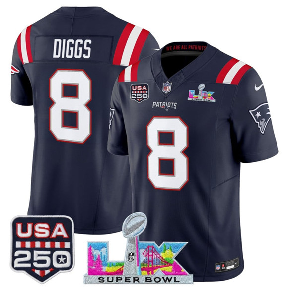New England Patriots #8 Stefon Diggs Navy 2025 F.U.S.E. Super Bowl LX Patch And USA 250' Patch Vapor Limited Stitched Jersey