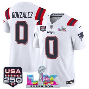 New England Patriots #0 Christian Gonzalez White 2025 F.U.S.E. Super Bowl LX Patch And USA 250' Patch Vapor Limited Stitched Jersey