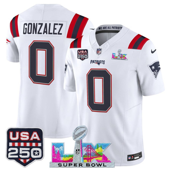 New England Patriots #0 Christian Gonzalez White 2025 F.U.S.E. Super Bowl LX Patch And USA 250' Patch Vapor Limited Stitched Jersey