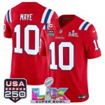 New England Patriots #10 Drake Maye Red 2025 F.U.S.E. 1-Star C Patch And Super Bowl LX Patch USA 250' Patch Vapor Limited Stitched Jersey
