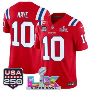 New England Patriots #10 Drake Maye Red 2025 F.U.S.E. 1-Star C Patch And Super Bowl LX Patch USA 250' Patch Vapor Limited Stitched Jersey