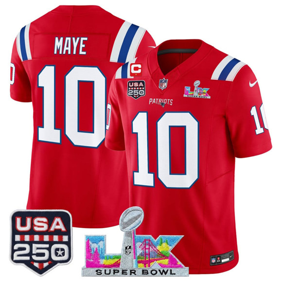 New England Patriots #10 Drake Maye Red 2025 F.U.S.E. 1-Star C Patch And Super Bowl LX Patch USA 250' Patch Vapor Limited Stitched Jersey