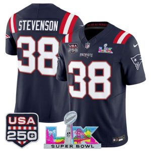 New England Patriots #38 Rhamondre Stevenson Navy 2025 F.U.S.E. Super Bowl LX Patch And USA 250' Patch Vapor Limited Stitched Jersey