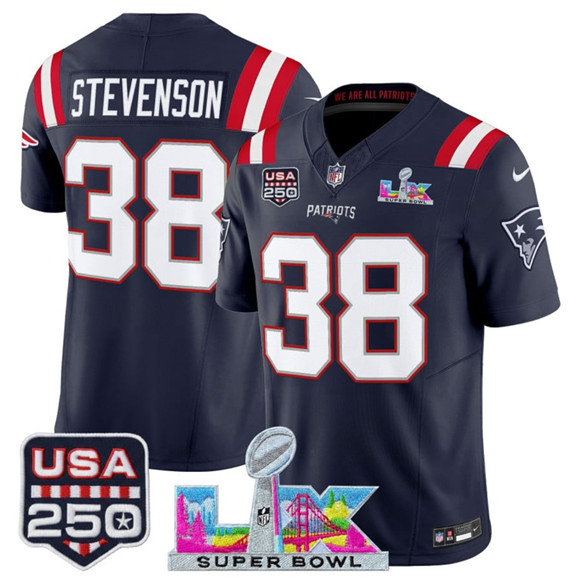 New England Patriots #38 Rhamondre Stevenson Navy 2025 F.U.S.E. Super Bowl LX Patch And USA 250' Patch Vapor Limited Stitched Jersey
