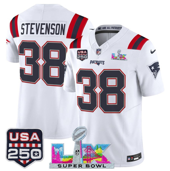 New England Patriots #38 Rhamondre Stevenson White 2025 F.U.S.E. Super Bowl LX Patch And USA 250' Patch Vapor Limited Stitched Jersey