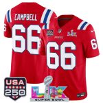 New England Patriots #66 Will Campbell Red 2025 F.U.S.E. Super Bowl LX Patch And USA 250' Patch Vapor Limited Stitched Jersey