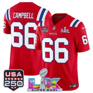 New England Patriots #66 Will Campbell Red 2025 F.U.S.E. Super Bowl LX Patch And USA 250' Patch Vapor Limited Stitched Jersey