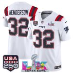 New England Patriots #32 TreVeyon Henderson White 2025 F.U.S.E. Super Bowl LX Patch And USA 250' Patch Vapor Limited Stitched Jersey
