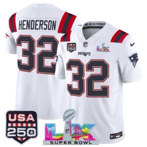 New England Patriots #32 TreVeyon Henderson White 2025 F.U.S.E. Super Bowl LX Patch And USA 250' Patch Vapor Limited Stitched Jersey