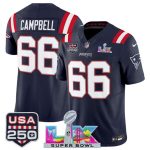 New England Patriots #66 Will Campbell Navy 2025 F.U.S.E. Super Bowl LX Patch And USA 250' Patch Vapor Limited Stitched Jersey