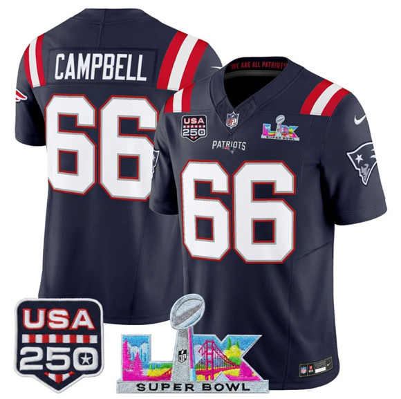New England Patriots #66 Will Campbell Navy 2025 F.U.S.E. Super Bowl LX Patch And USA 250' Patch Vapor Limited Stitched Jersey