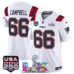 New England Patriots #66 Will Campbell White 2025 F.U.S.E. Super Bowl LX Patch And USA 250' Patch Vapor Limited Stitched Jersey