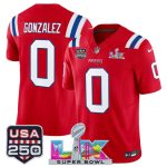 New England Patriots #0 Christian Gonzalez Red 2025 F.U.S.E. Super Bowl LX Patch And USA 250' Patch Vapor Limited Stitched Jersey