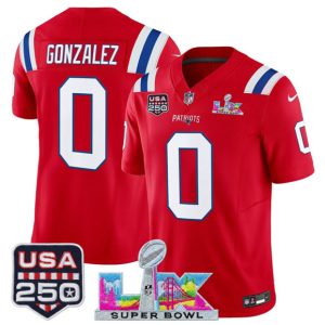 New England Patriots #0 Christian Gonzalez Red 2025 F.U.S.E. Super Bowl LX Patch And USA 250' Patch Vapor Limited Stitched Jersey