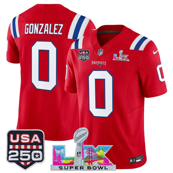 New England Patriots #0 Christian Gonzalez Red 2025 F.U.S.E. Super Bowl LX Patch And USA 250' Patch Vapor Limited Stitched Jersey