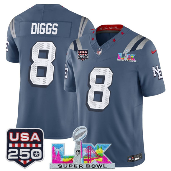 New England Patriots #8 Stefon Diggs Storm Blue 2025 F.U.S.E. Super Bowl LX USA 250' Patch ¡°Rivalries¡± Vapor Limited Stitched Jersey