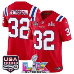 New England Patriots #32 TreVeyon Henderson Red 2025 F.U.S.E. Super Bowl LX Patch And USA 250' Patch Vapor Limited Stitched Jersey