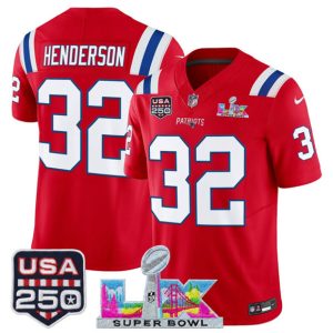 New England Patriots #32 TreVeyon Henderson Red 2025 F.U.S.E. Super Bowl LX Patch And USA 250' Patch Vapor Limited Stitched Jersey