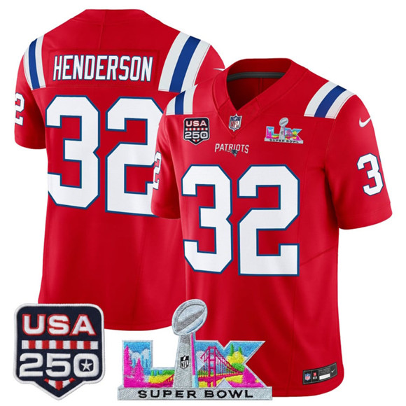 New England Patriots #32 TreVeyon Henderson Red 2025 F.U.S.E. Super Bowl LX Patch And USA 250' Patch Vapor Limited Stitched Jersey